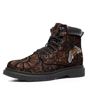 Custom Bee Printed Boots Vegan Leather Boots Ankle Fashion Lace-Up Boots Brown