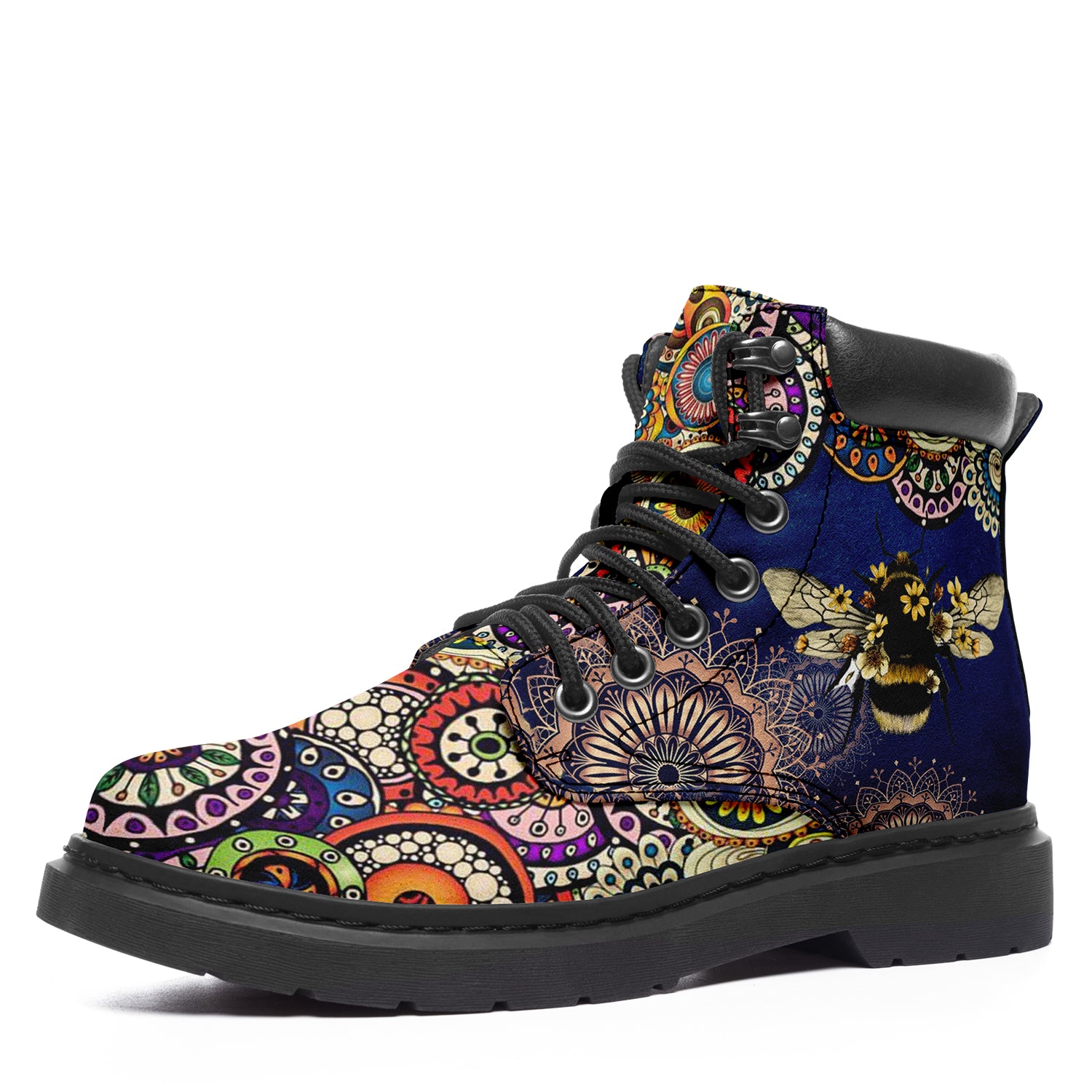 Bee Flower Mandala Vegan Leather Ankle Boots