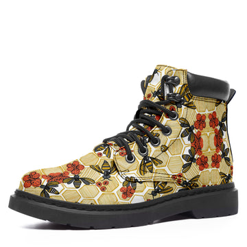 Custom Bee Flower Printed Boots Vegan Leather All Season Boots Lace-Up Boots Fashion