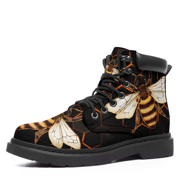 Custom Bee Printed Boots Vegan Leather Ankle Boots Black Lace-Up Boots