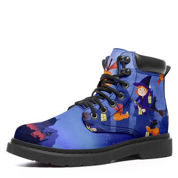 Custom Print Cute Cartoon Witch Girl Ankle Boots Leather Boots Women's  Men's Halloween Boots