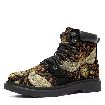 Custom Bee Printed Boots Vegan Leather All Season Boots Spring Boots Lace-Up Boots