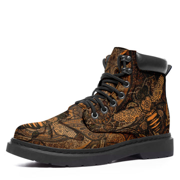 Custom Bee Printed Boots Vegan Leather Boots Ankle Fashion Lace-Up Boots Brown