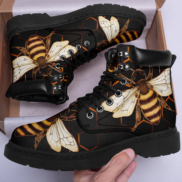 Custom Bee Printed Boots Vegan Leather Ankle Boots Black Lace-Up Boots