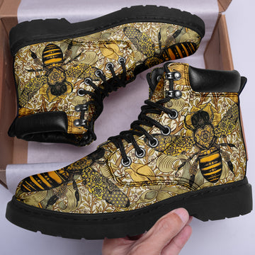 Custom Bee Printed Boots Vegan Leather All Season Boots Lace-Up Boots Gift For Friend