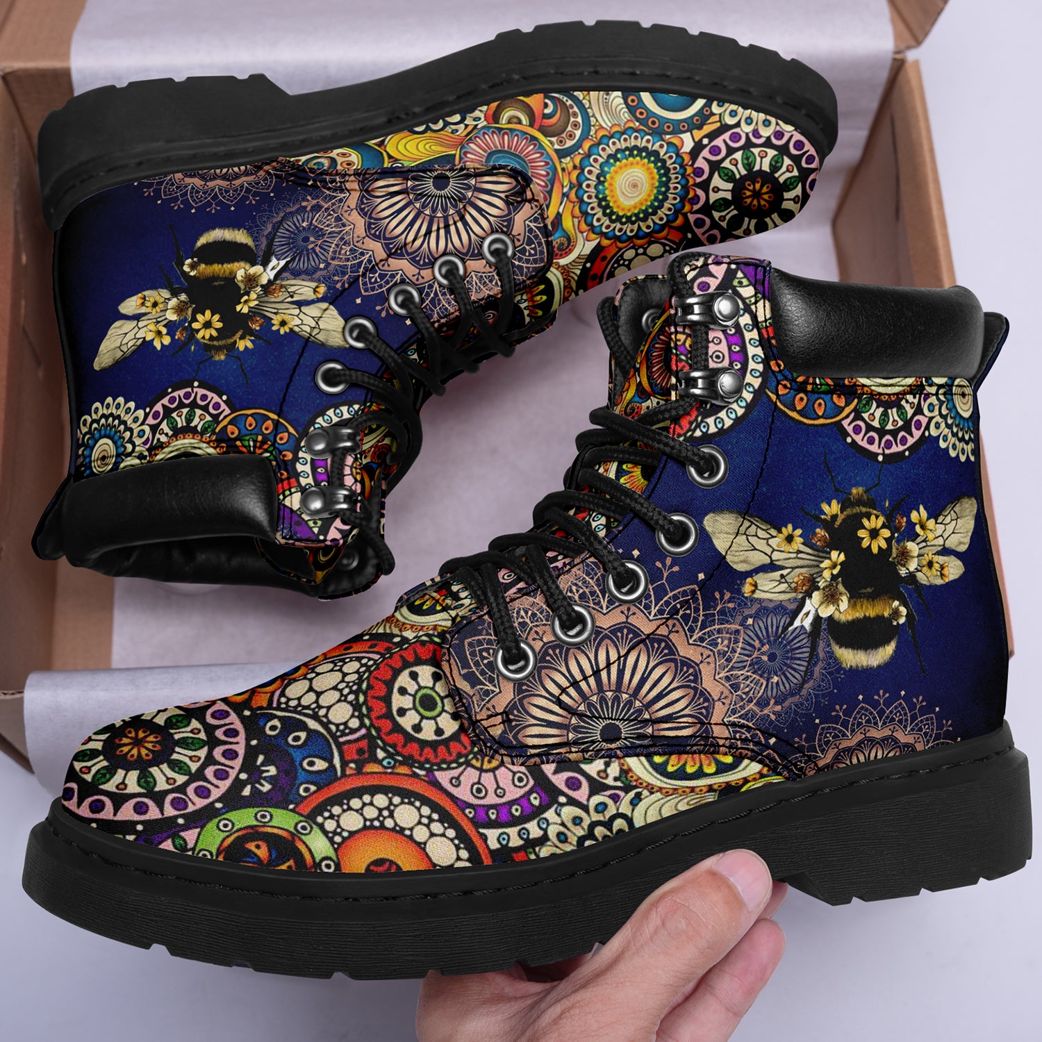 Bee Flower Mandala Vegan Leather Ankle Boots