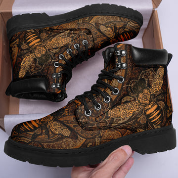 Custom Bee Printed Boots Vegan Leather Boots Ankle Fashion Lace-Up Boots Brown