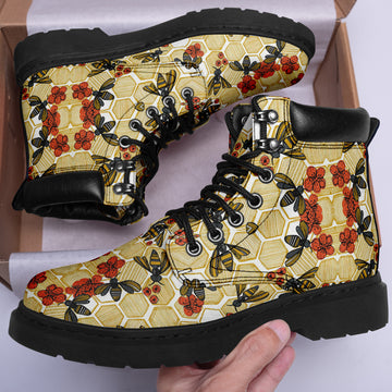 Custom Bee Flower Printed Boots Vegan Leather All Season Boots Lace-Up Boots Fashion