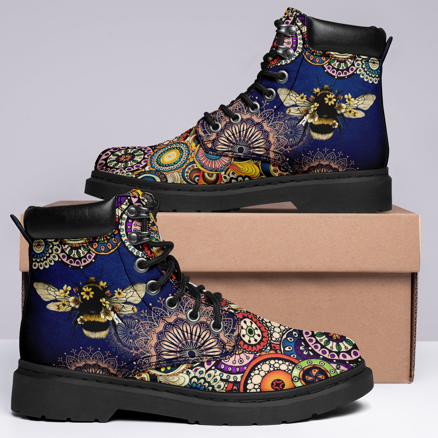 Bee Flower Mandala Vegan Leather Ankle Boots