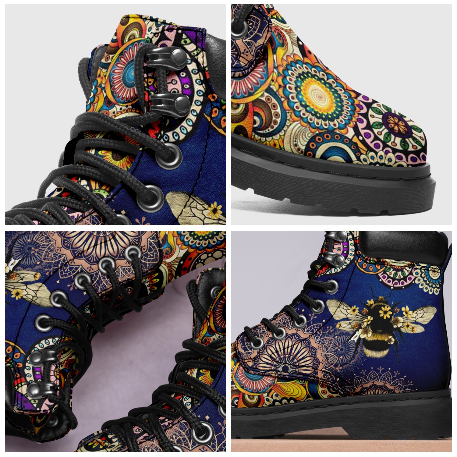 Bee Flower Mandala Vegan Leather Ankle Boots