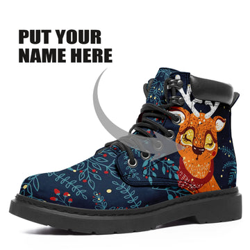 Custom Print Christmas Elk Fashion Lace up Leather Boots Women's  Men's Xmas Gift