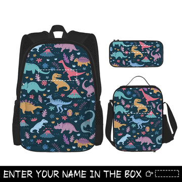 Personalized Dinosaur Backpack, 3 in 1 Set School Bag with Lunch Bag Pencil Case