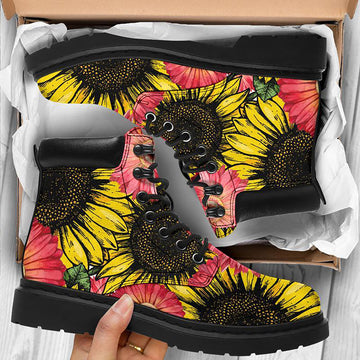 Personalized Sunflower Boots Ankle Combat Boots,Custom Name Boots