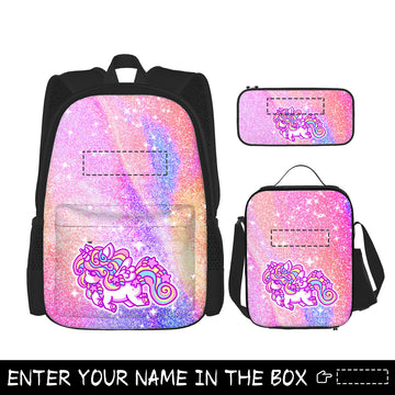 Personalized Unicorn School Backpacks, 3 in 1 Set School Bag with Lunch Bag Pencil Case