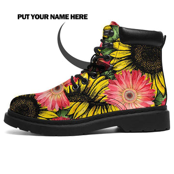 Personalized Sunflower Boots Ankle Combat Boots,Custom Name Boots