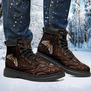 Custom Bee Printed Boots Vegan Leather Boots Ankle Fashion Lace-Up Boots Brown