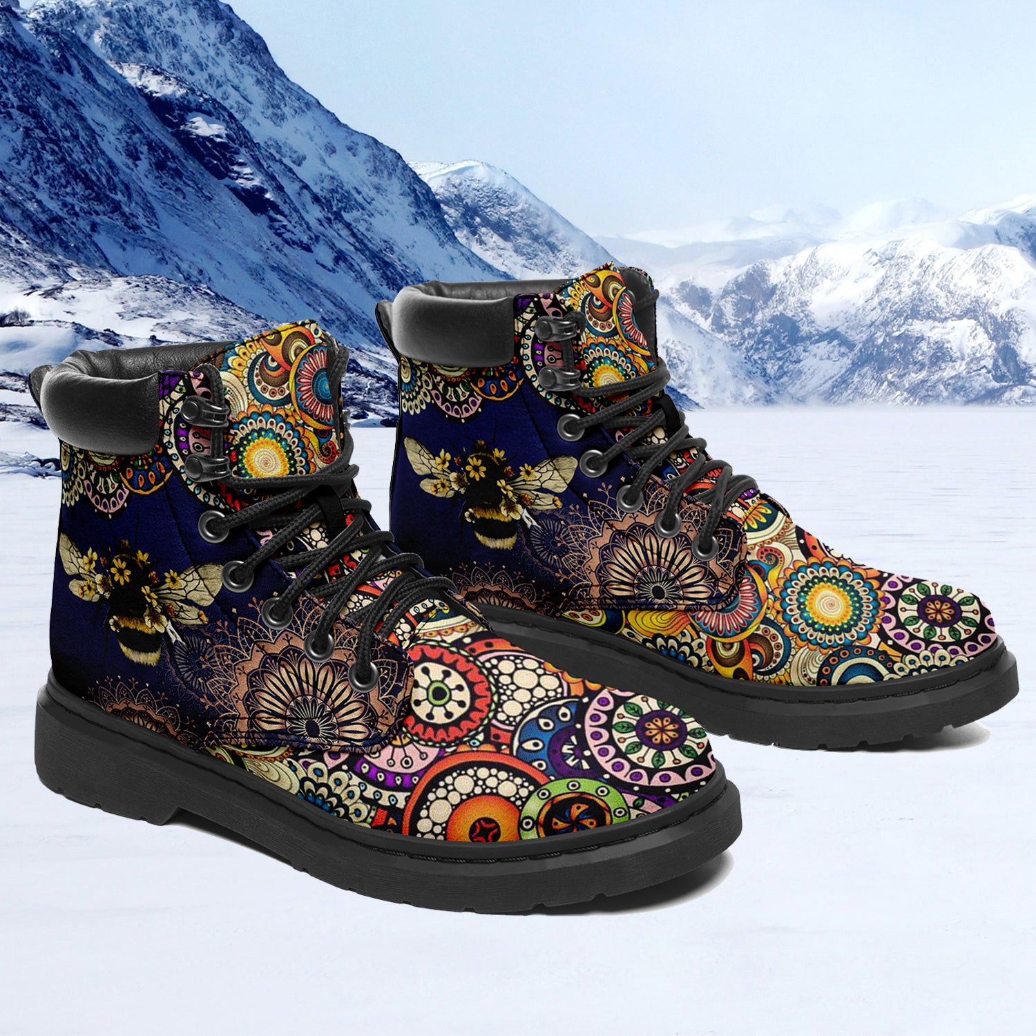 Bee Flower Mandala Vegan Leather Ankle Boots