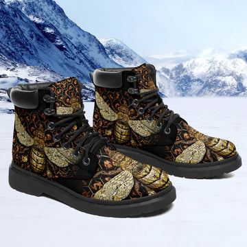 Custom Bee Printed Boots Vegan Leather All Season Boots Spring Boots Lace-Up Boots